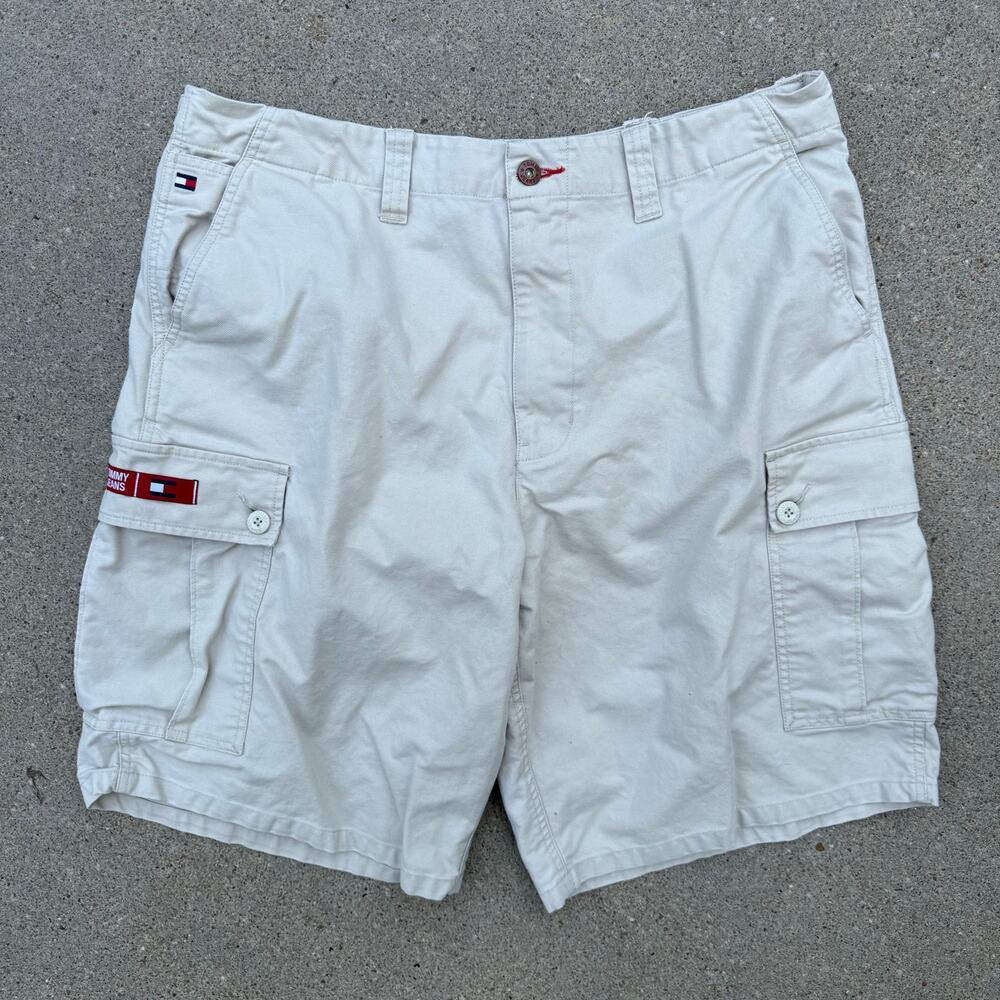 Vintage Y2K Tommy Hilfiger Spellout Ribbon Off White Cargo Shorts Canvas Size 38